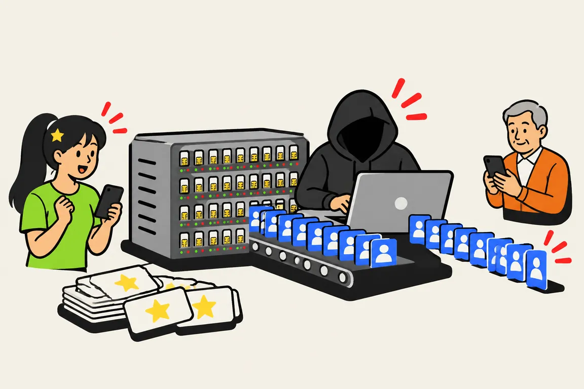 黃牛坐在電腦前,旁邊插滿 SIM 卡的貓池不斷吐出新帳號